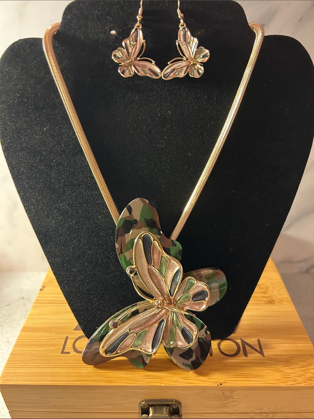 Gold Butterfly Pendant Necklace and Earrings - Green Camouflage Accent